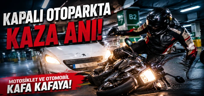 Kapalı Otoparkta Feci Kaza: Motosiklet ve Otomobil Kafa Kafaya &Ccedil;arpıştı!